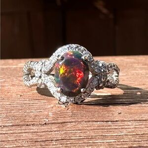 BRAND NEW Black Opal Halo Ring, Sterling Silver, Sz 6